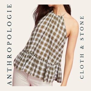 1099. ANTHROPOLOGIE CLOTH & STONE GINGHAM HALTER TOP SIZE XSMALL‎ GREEN/WHITE
